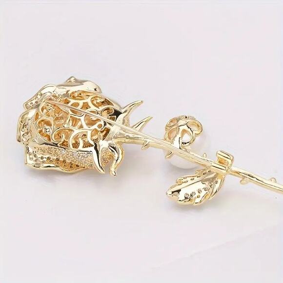 Brooch‎ Rhinestone Gold-Tone Rose with Green Leaves Luxury - Picture 7 of 8